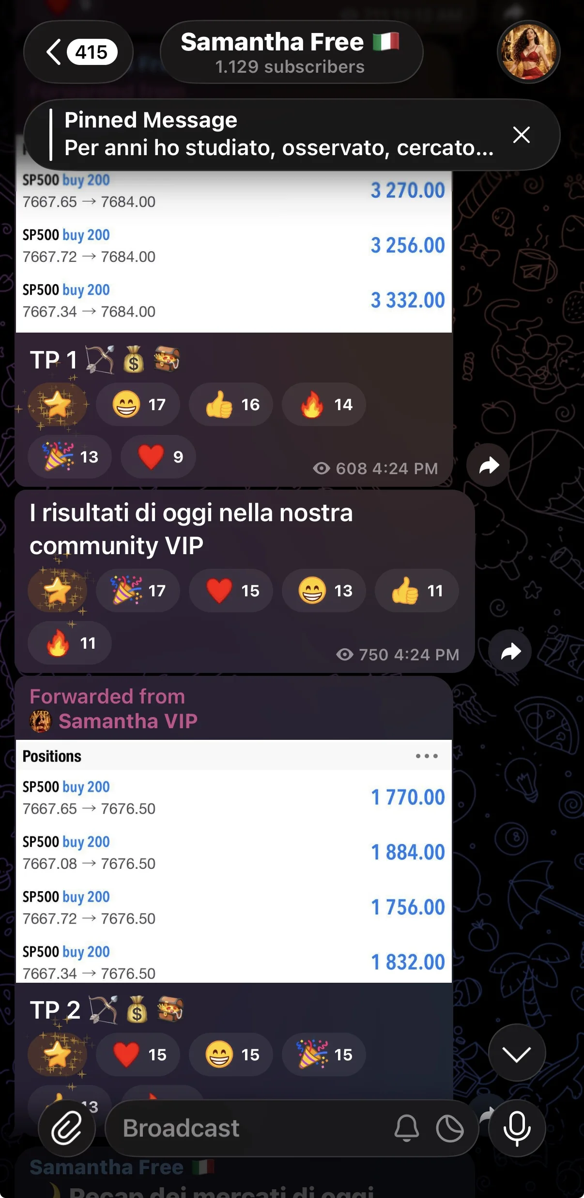 Schermata del canale Samantha Free con esempi di operazioni e aggiornamenti di trading